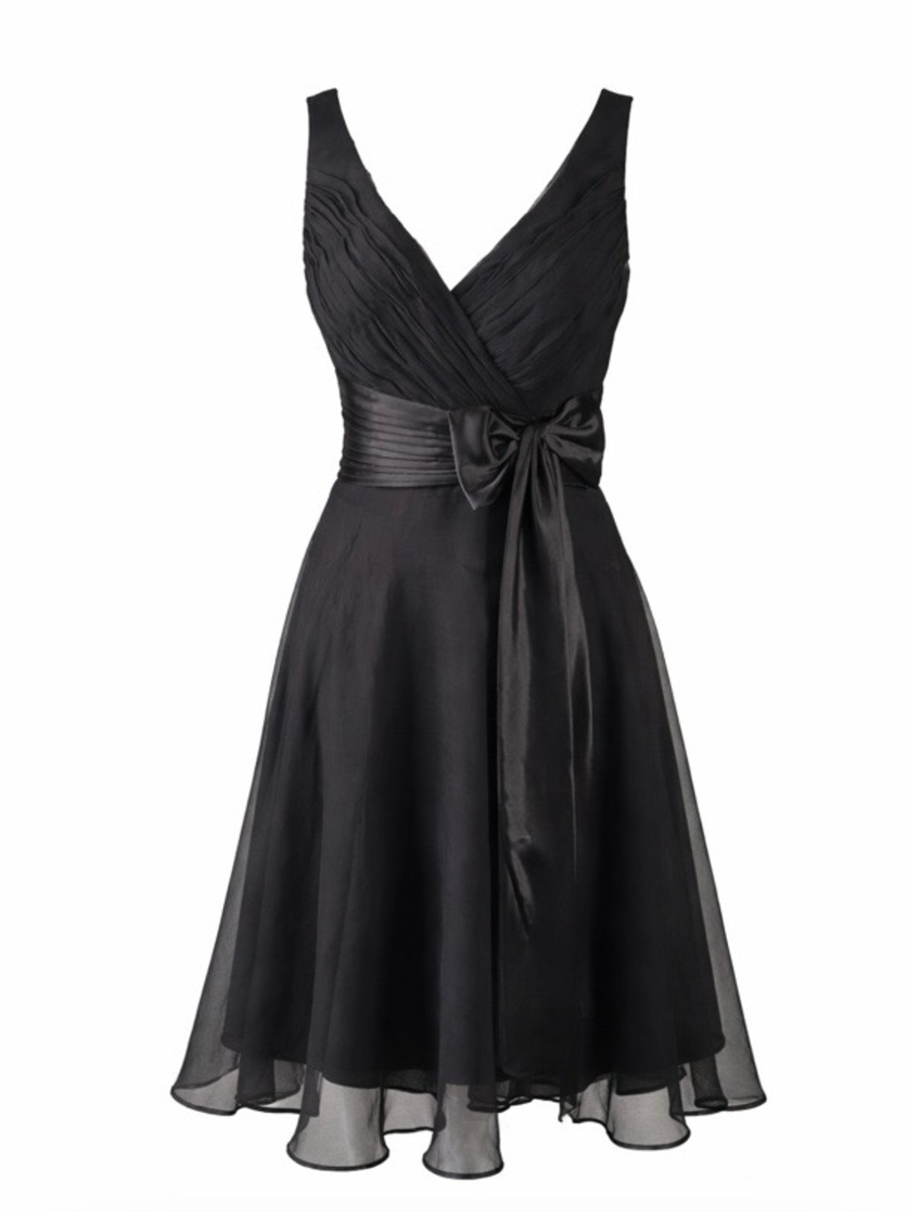 Chicas Black Chiffon Cocktail Dress Flowy Skirt Satin Pleated Waist Bow Size M